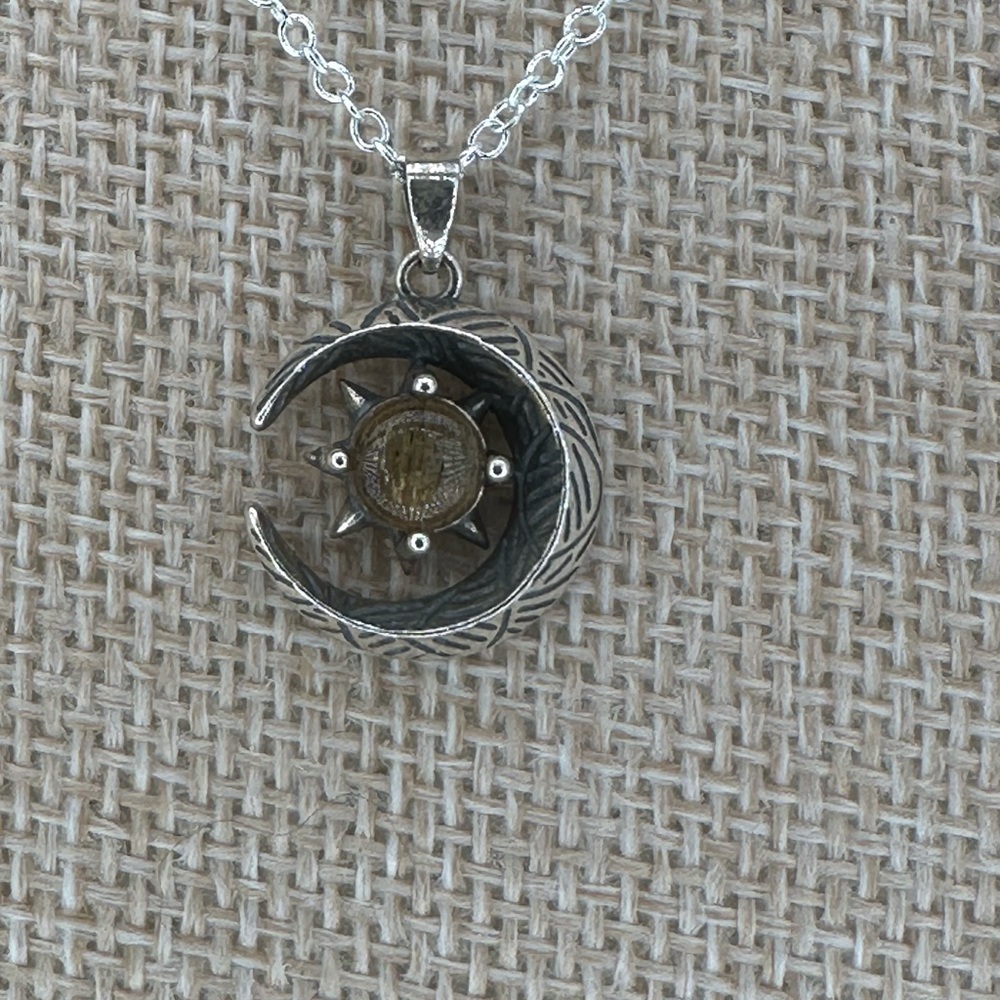Rutilated Quartz and Silver Moon and Star Pendant Necklace on Box Chain - Picture 2 of 16
